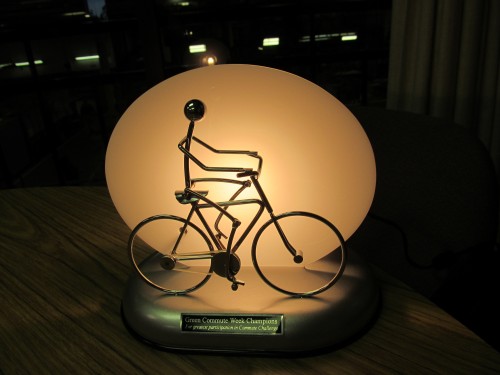 The Green Commute Week Trophy is a moving bicyclist that is powered by solar energy.